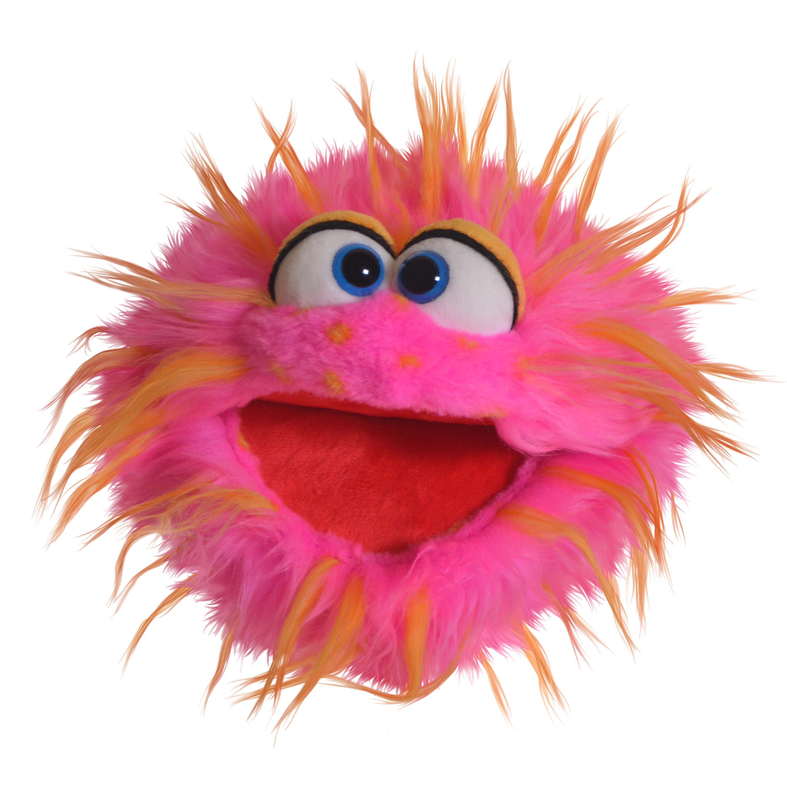 Living Puppets Handpuppe Knaller, pinkes Zottelmonster mit gelb-orangefarbenen Strähnen, blauen Augen und weit geöffnetem rotem Mund
