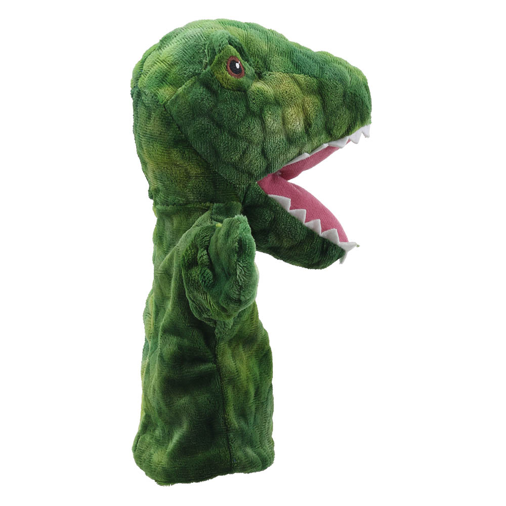 The Puppet Company Dinosaurier-Handpuppe T-Rex, grüner Dinosaurier mit geöffnetem Maul, Seitenansicht von der anderen Seite