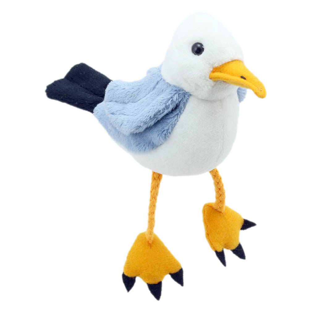 The Puppet Company finger puppet seagull, white and grey puppet with a yellow beak and long fabric legs