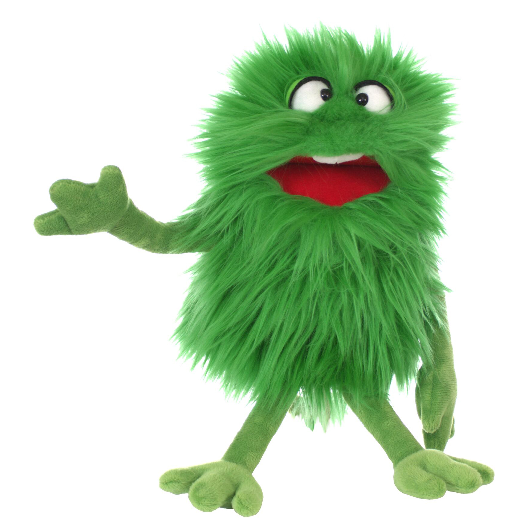 Living Puppets Handpuppe Schlick aus der Serie Monster to go, grünes Zottelmonster mit geöffnetem rotem Mund und erhobener Hand