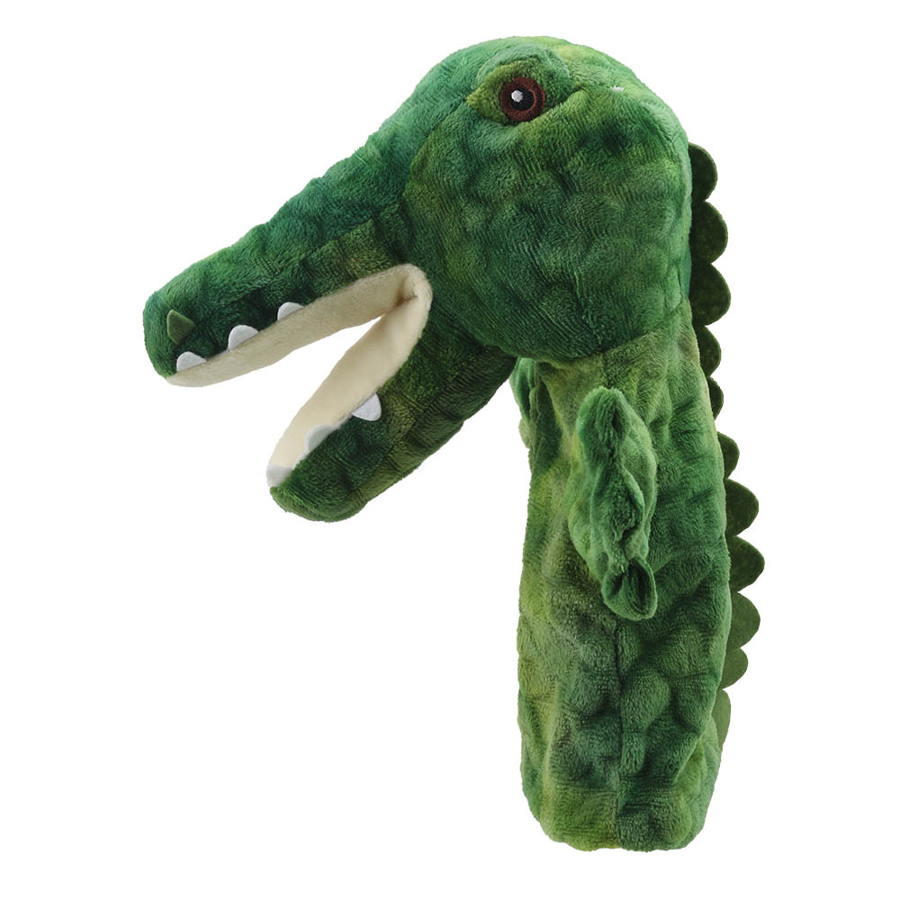 The Puppet Company Handpuppe Krokodil, grünes Krokodil mit Rückenzacken und geöffnetem Maul, Seitenansicht