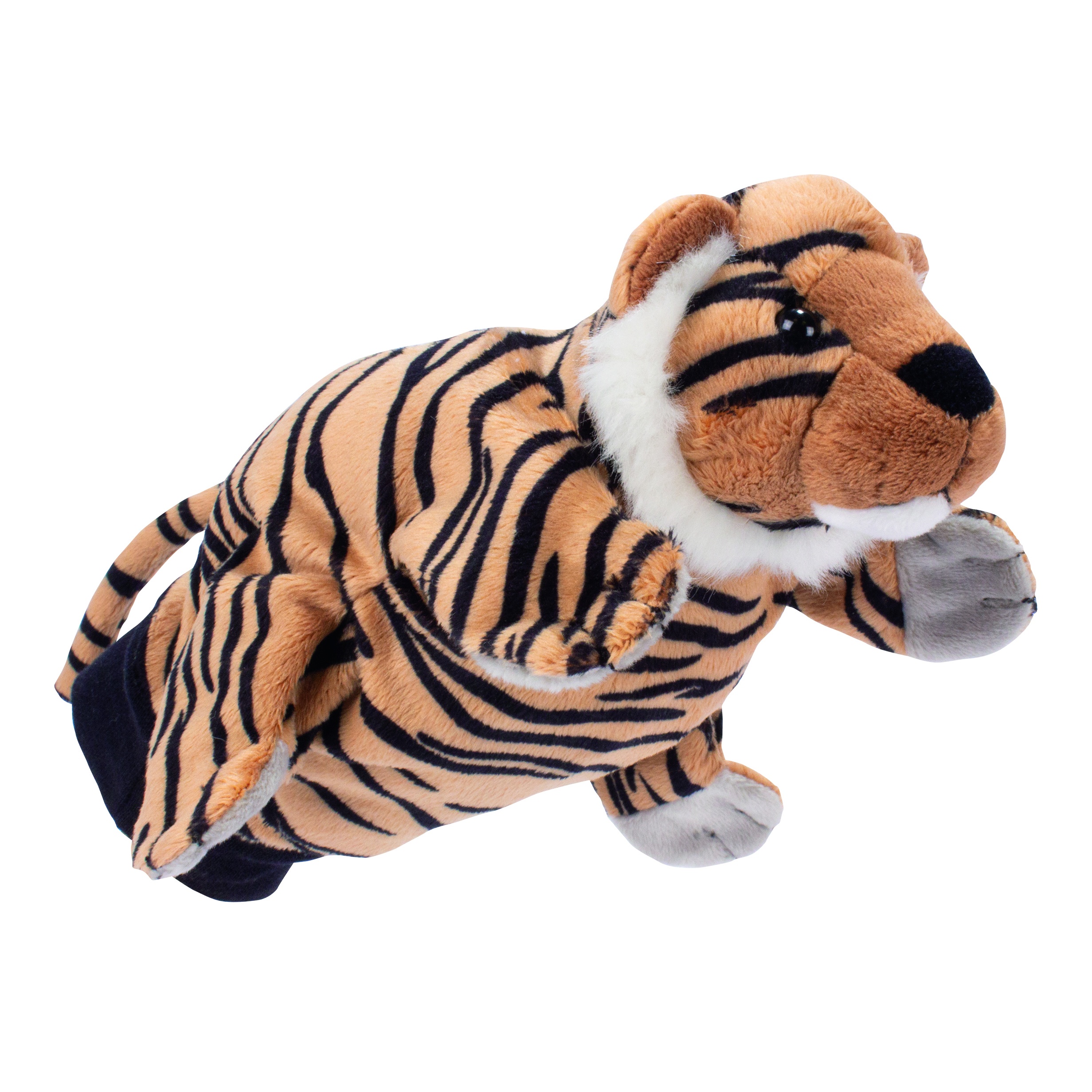 Beleduc hand puppet tiger with orange and black striped fur and a white chest, lying pose