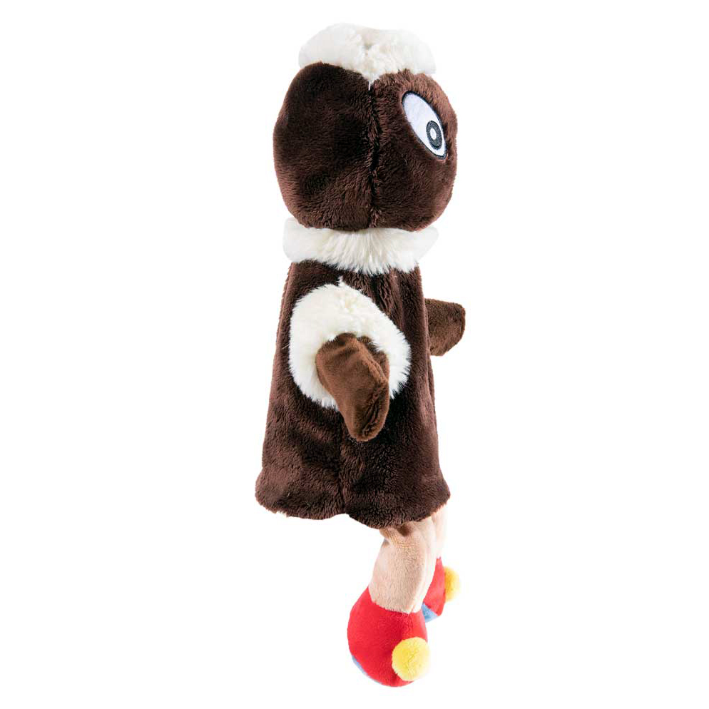 Heunec hand puppet Pittiplatsch, dark brown plush puppet in profile with white fur trim and a red boot