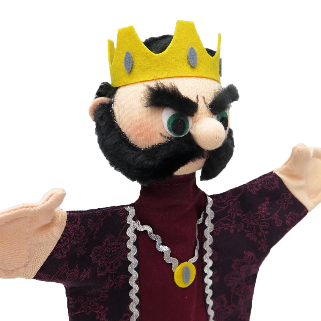 Kasperlepuppe Böser König von munabo mit gelber Krone, schwarzem Bart und grimmigem Blick