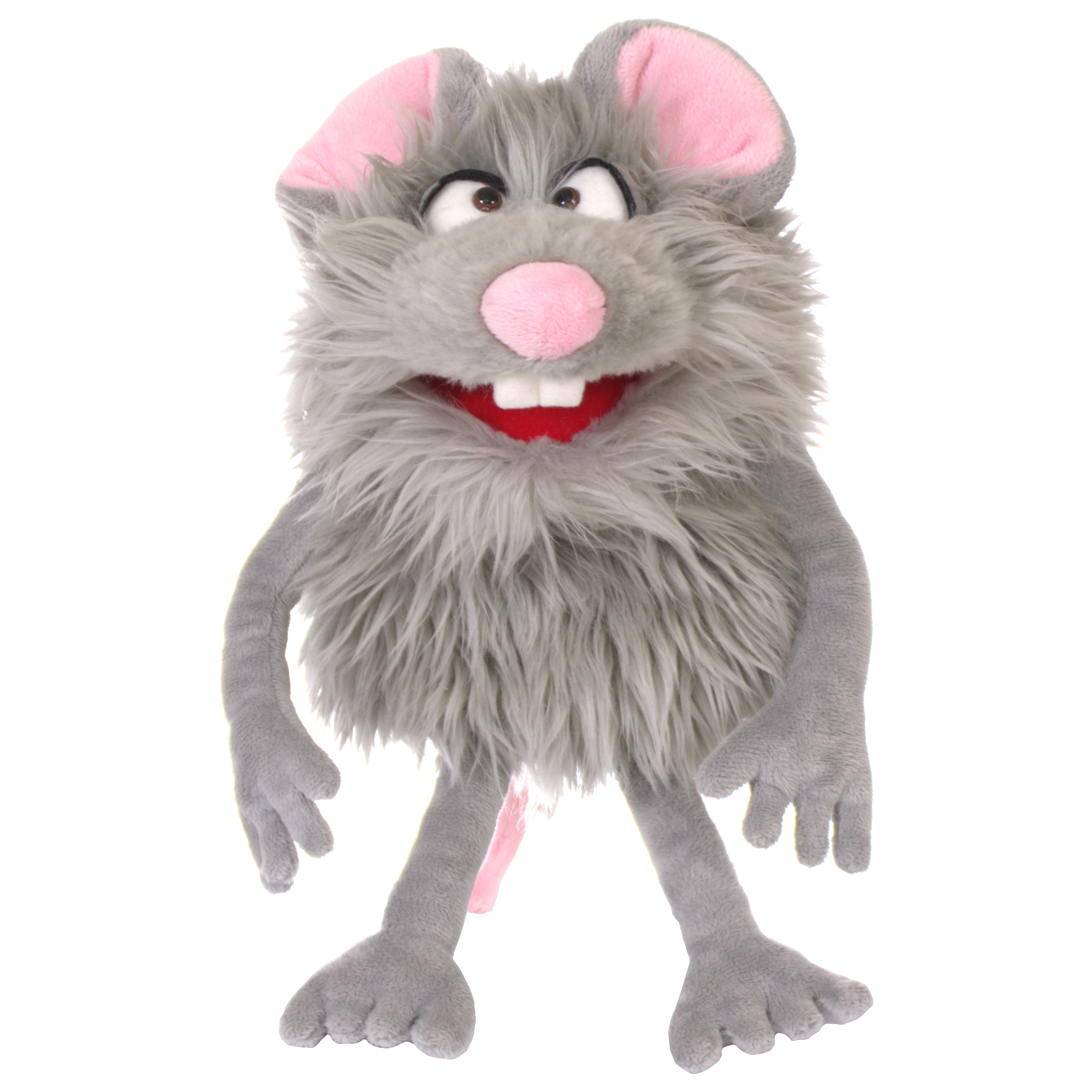 Living Puppets Handpuppe Tüddel aus der Serie Monster to go, graue Zottelmaus mit rosa Ohren und Nase und geöffnetem Mund