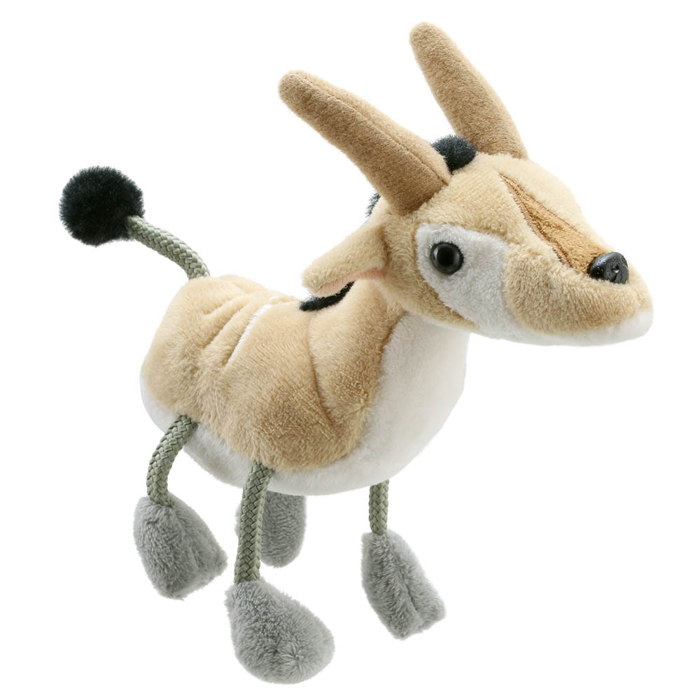 The Puppet Company Fingerpuppe Antilope, beige-weiße Fingerpuppe mit Hörnern und langen Stoffbeinen, Frontansicht
