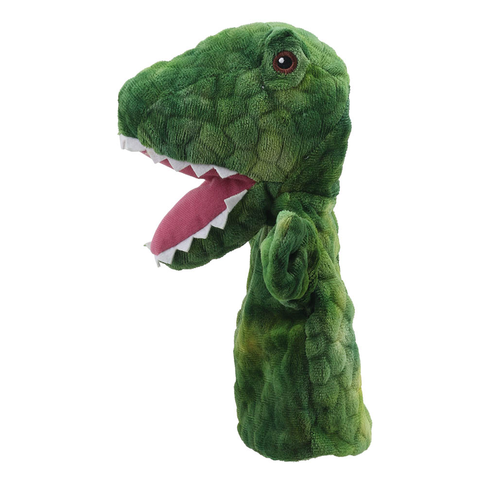 The Puppet Company Dinosaurier-Handpuppe T-Rex, grüner Dinosaurier mit spitzen Zähnen, Seitenansicht