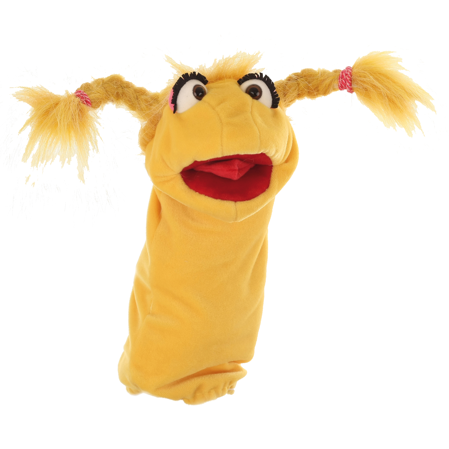 Living Puppets sock puppet Frau Schnatterschnute, yellow with plaited pigtails, eyelashes and an open red mouth