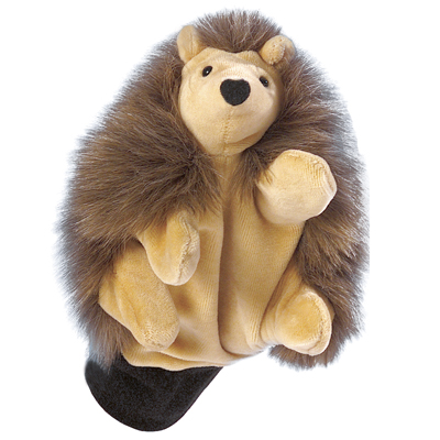 Beleduc hand puppet hedgehog with brown spiky fur and a beige face and belly