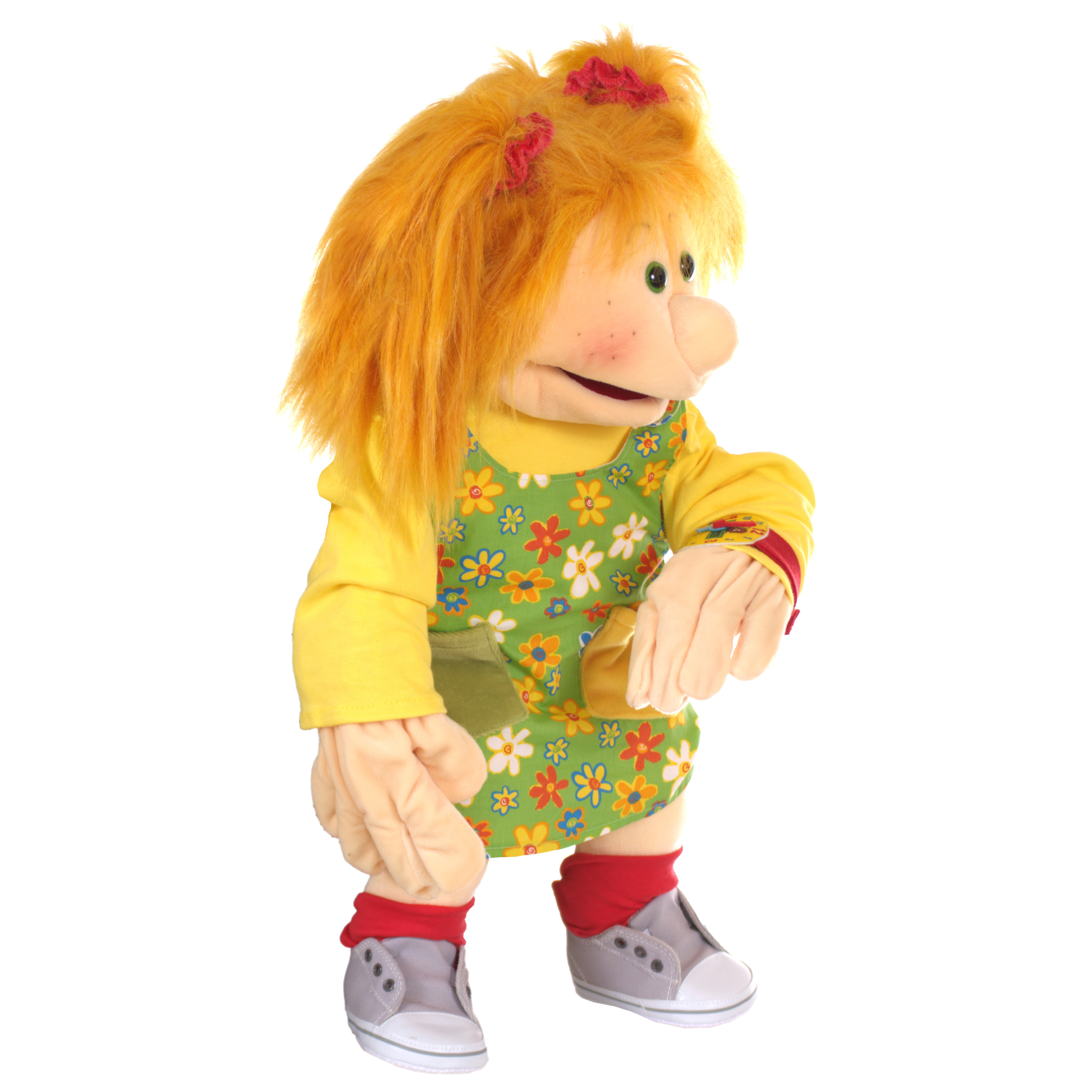 Living Puppets hand puppet Marleen with orange hair and a flowered dress, leaning forward with outstretched hands, side view