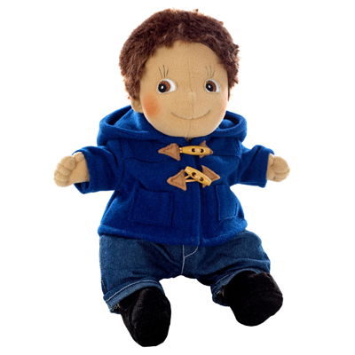Rubens Puppe im blauen Dufflecoat mit Knebelknöpfen und Jeans