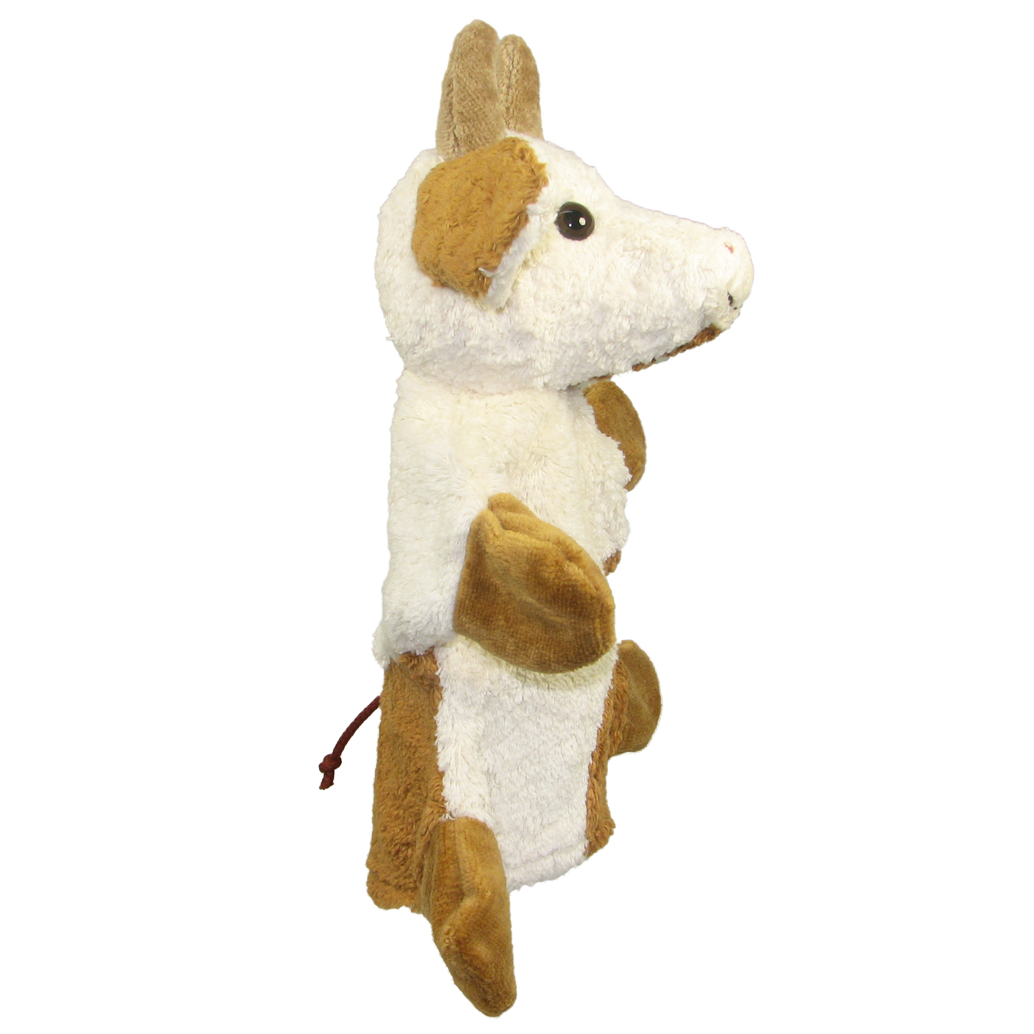 Kallisto hand puppet cow side view, brown-and-white patched natural-material puppet with horns and a brown tail tuft