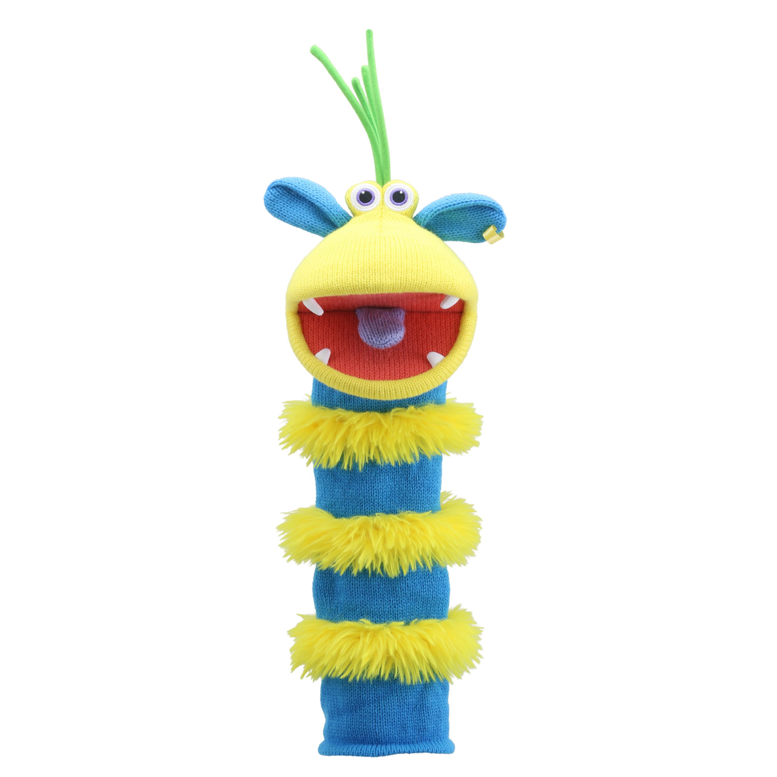 The Puppet Company Sockenhandpuppe Ringo, gelbes Monster mit blauen Ohren, grüner Antenne und flauschig gelbem Körper