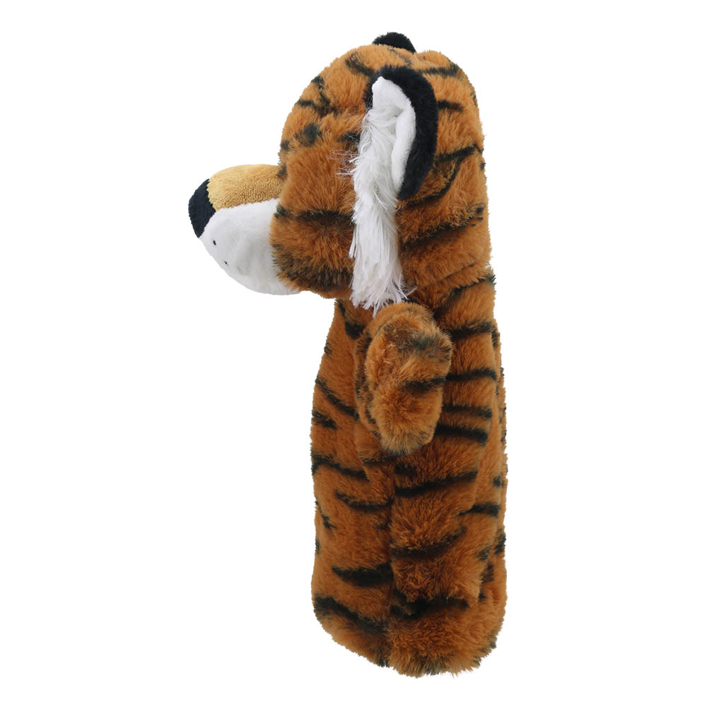The Puppet Company Baby-Handpuppe Tiger, orangefarbener Tiger mit weißen Ohrflecken, Seitenansicht