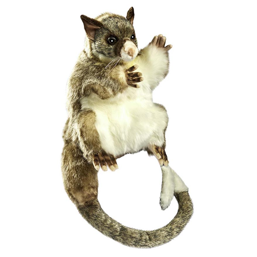 Ringelschwanzbeutler Handpuppe von Hansa Creation mit graubraunem Fell, weißem Bauch und langem Rollschwanz