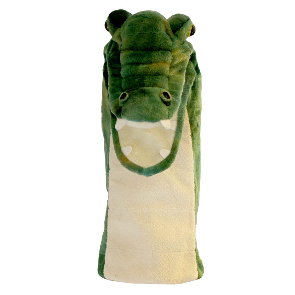 The Puppet Company baby hand puppet crocodile, green crocodile puppet with sharp teeth, front view