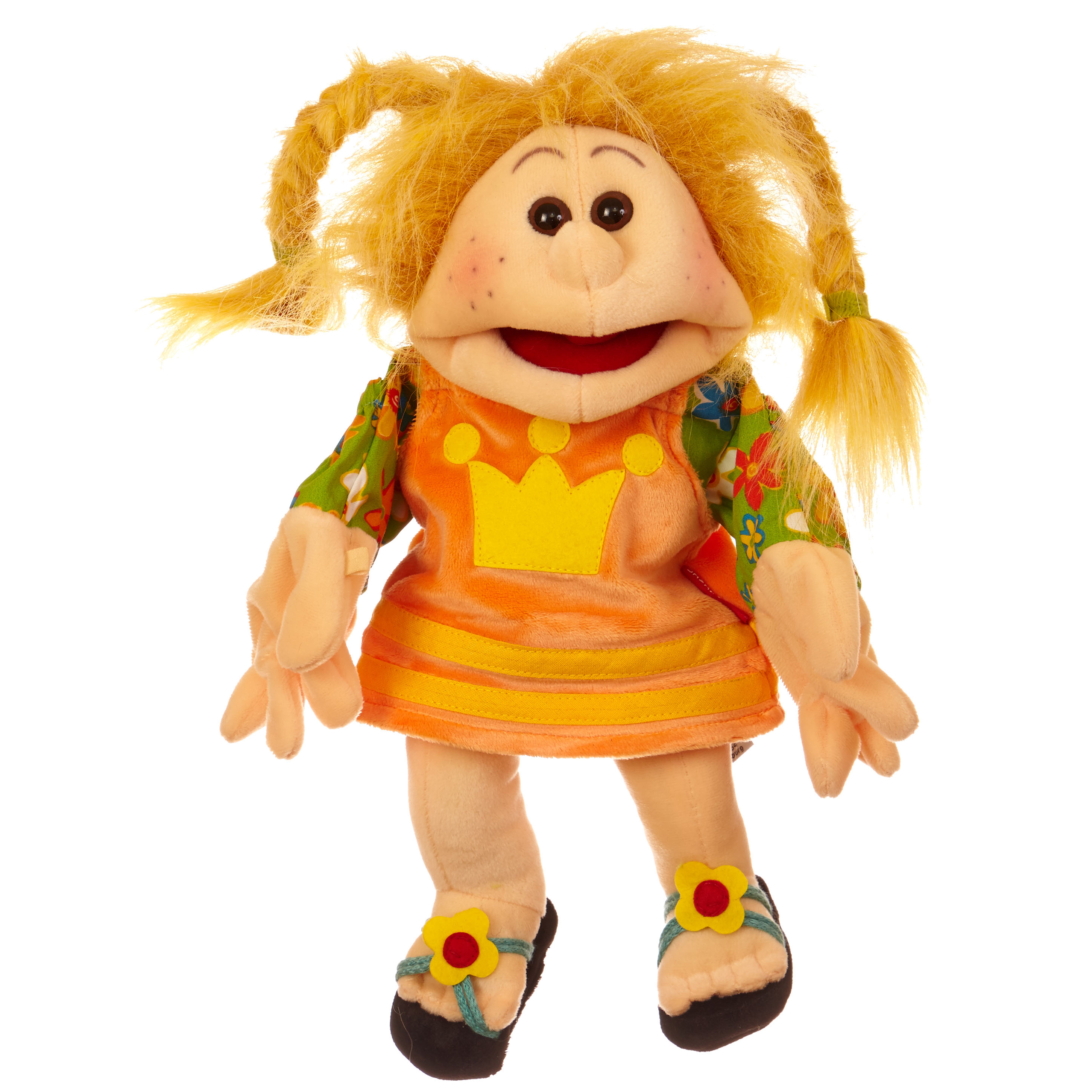 Living Puppets mini hand puppet Jennylein with blond pigtails, orange crown dress and flower sandals