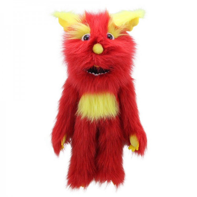 The Puppet Company monster hand puppet red, red shaggy monster with yellow ears and a yellow belly patch
