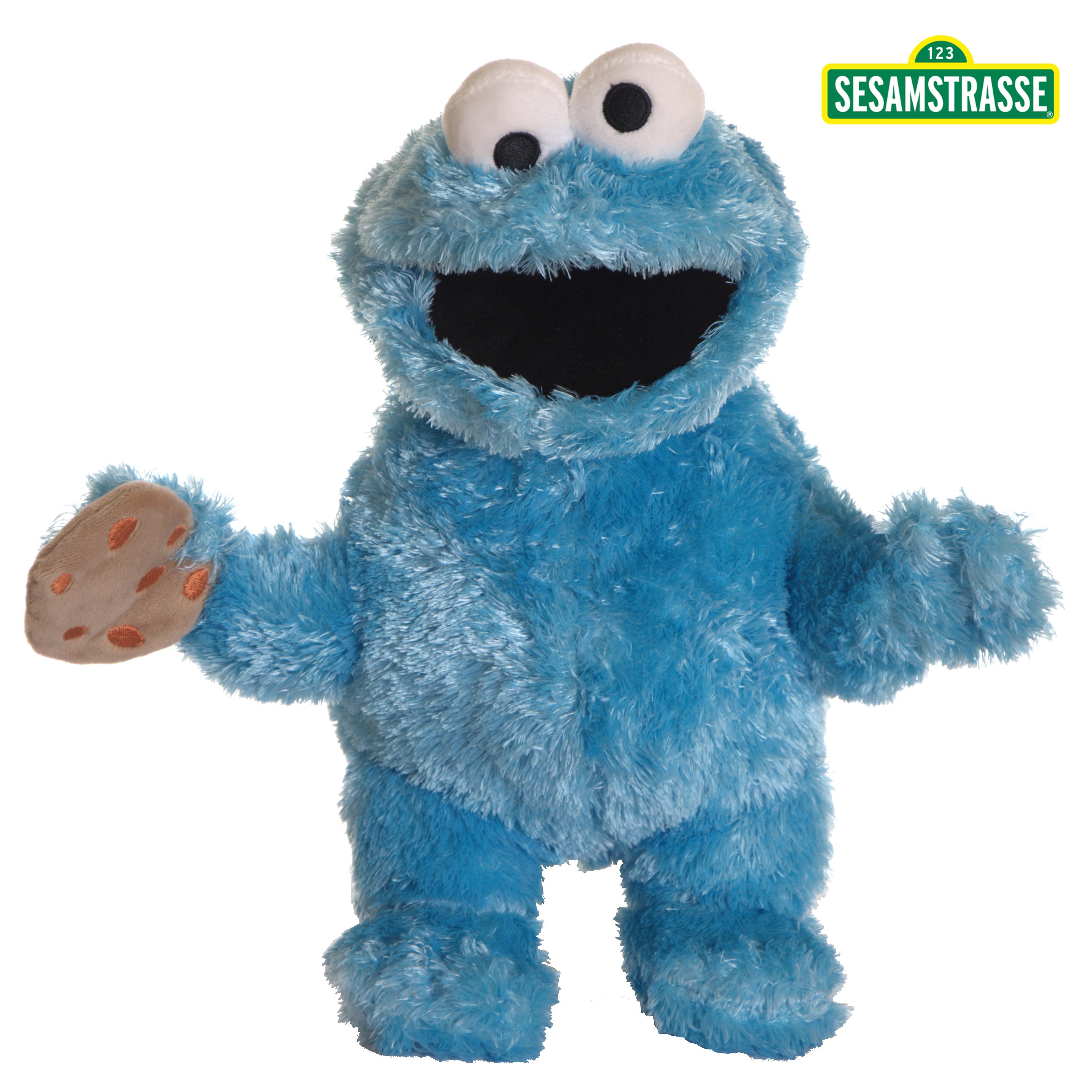 Living Puppets hand puppet Mini Cookie Monster from Sesame Street with blue shaggy fur and a cookie in its hand, open black mouth