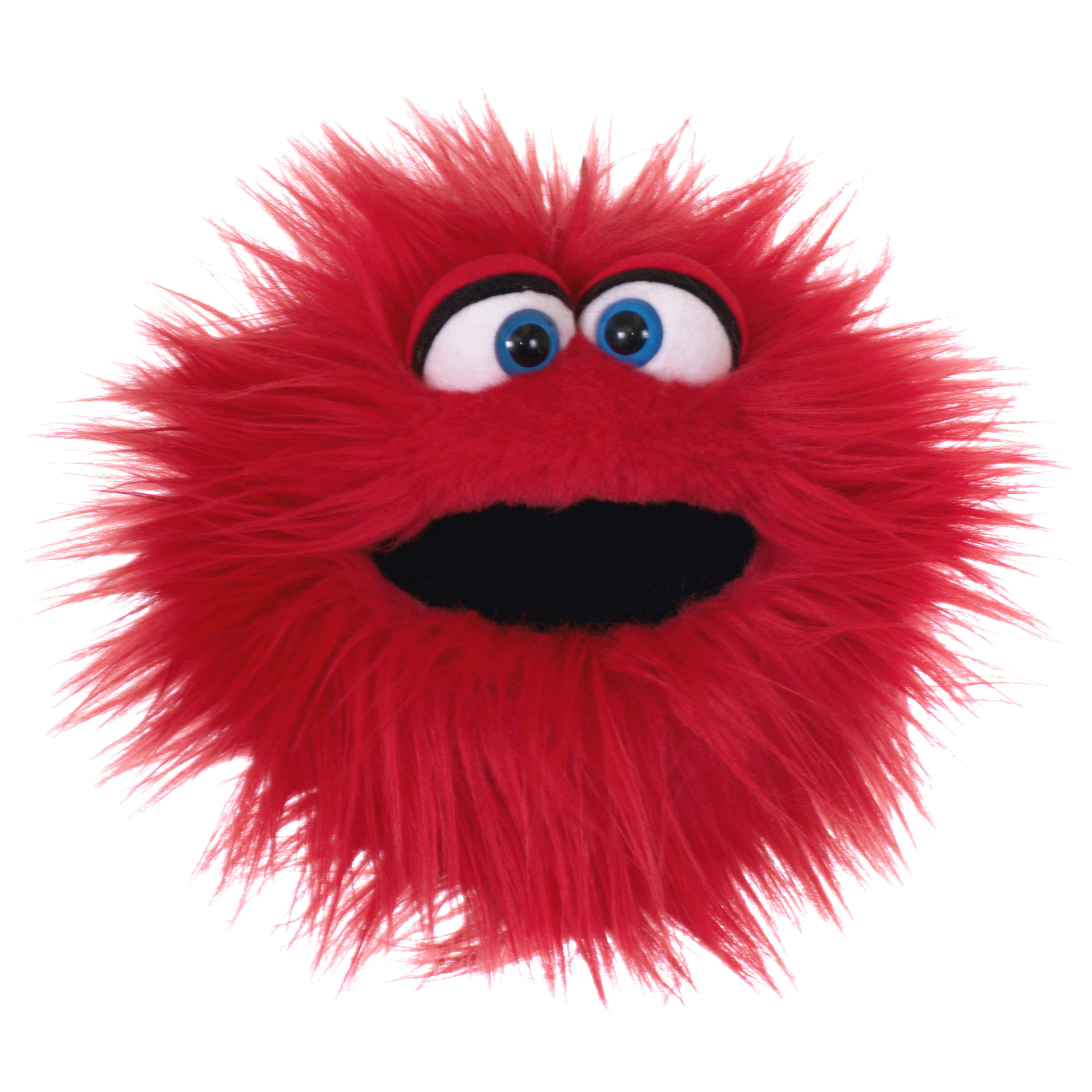 Living Puppets Handpuppe Klatschtriene, rotes Zottelmonster mit blauen Augen und geöffnetem schwarzem Mund, Frontalansicht