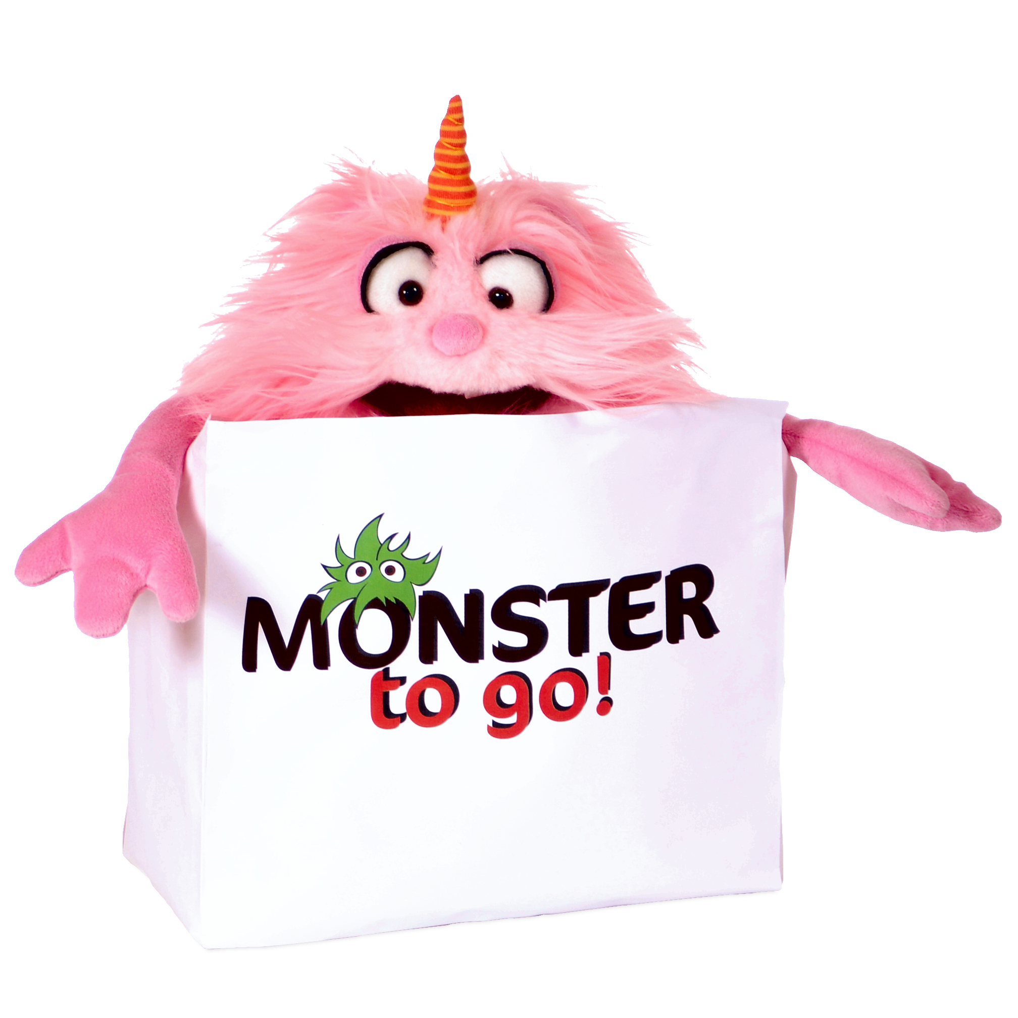 Living Puppets hand puppet Bonsche peeking out of the Monster to go bag