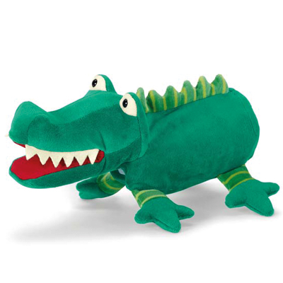 Sterntaler baby hand puppet crocodile, green body with white teeth, a red mouth and jagged back spikes