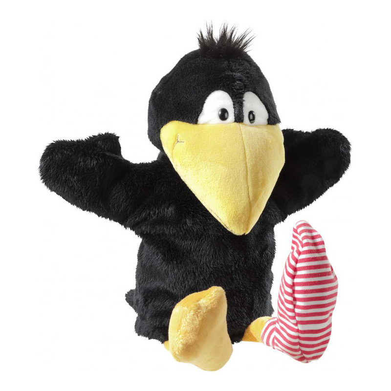 Heunec hand puppet Der kleine Rabe Socke, black plush puppet with yellow beak and red-and-white striped sock leg