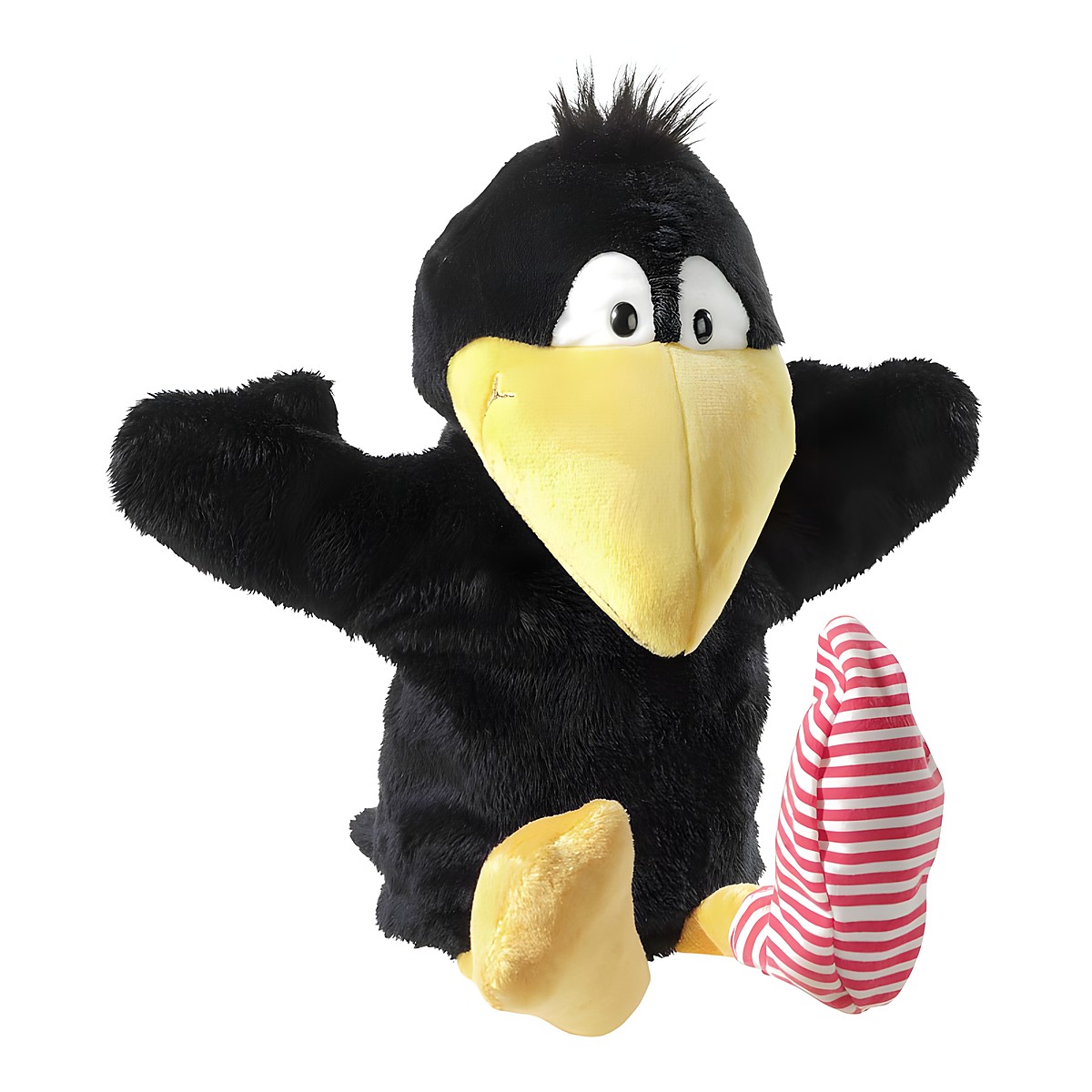 Heunec Handpuppe Der kleine Rabe Socke, schwarze Plueschpuppe mit gelbem Schnabel und rot-weiss gestreiftem Sockenbein
