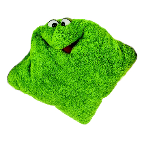 Living Puppets dream cuddle cushion in green, plush cushion with a face and an open mouth