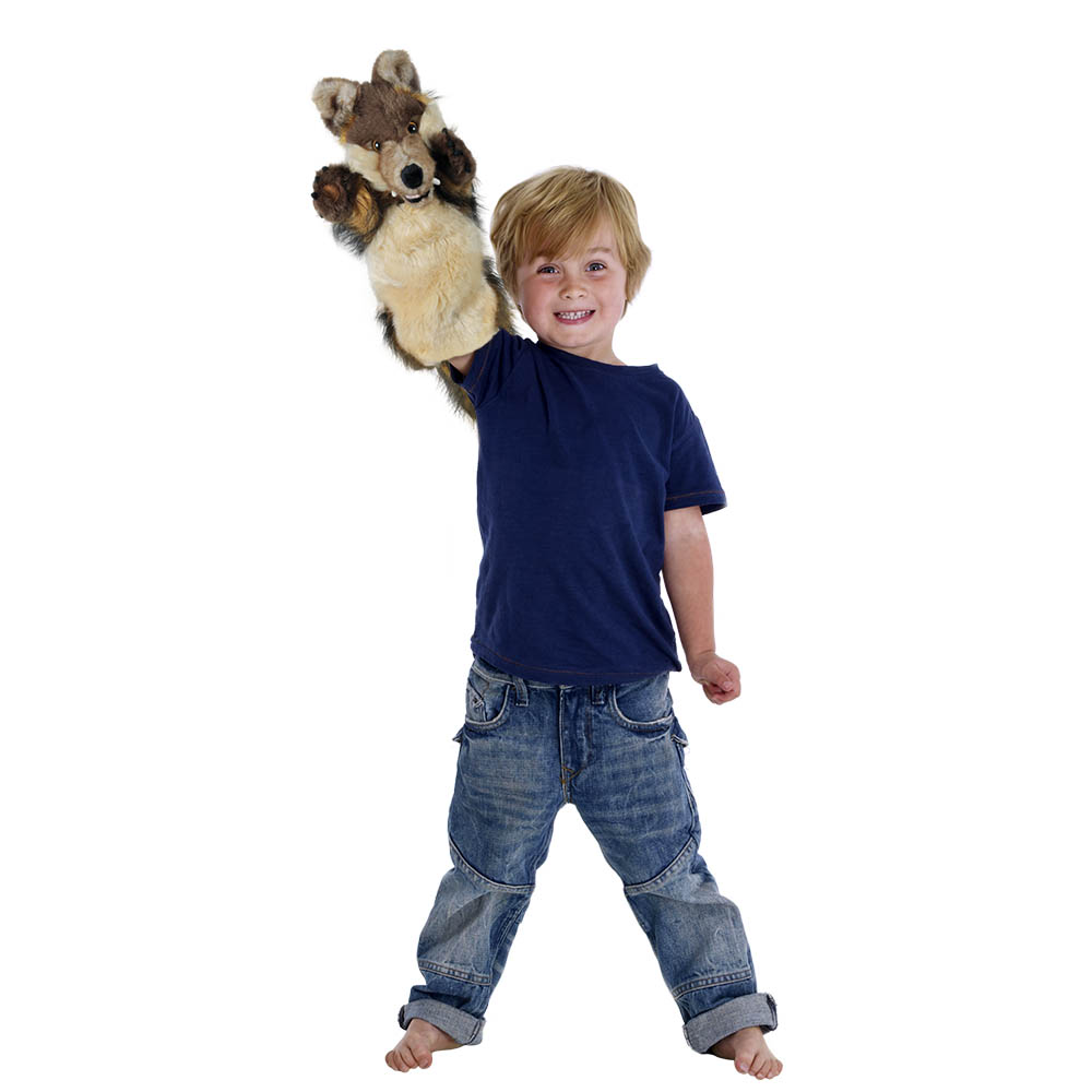 Boy holding the The Puppet Company wolf hand puppet on his hand, usage example