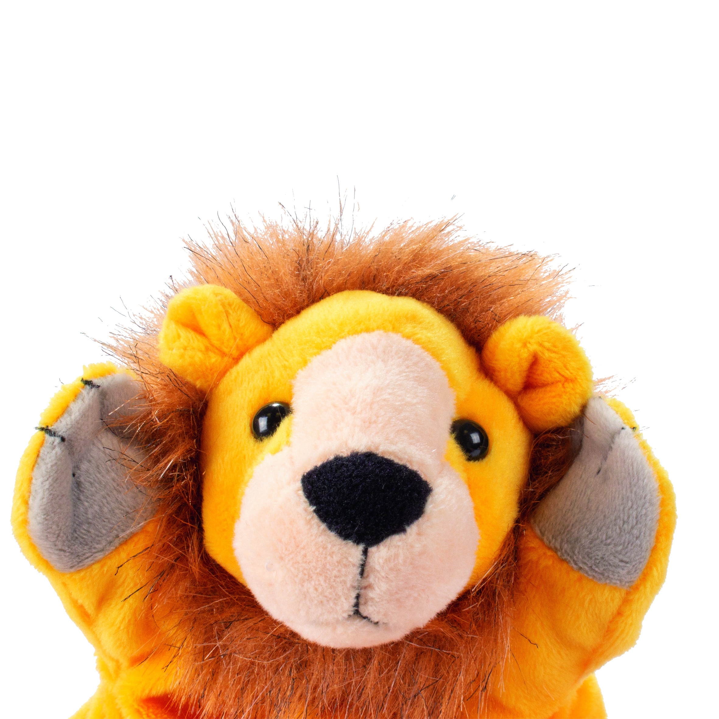 Beleduc Handpuppe Löwe, Nahaufnahme des Kopfes mit brauner Mähne und gelbem Fell
