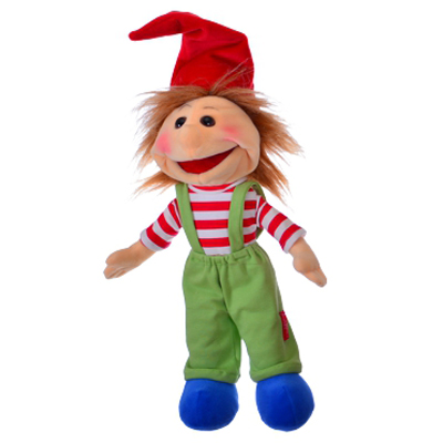 Living Puppets hand puppet Zipfel Mini with a red pointed hat, red and white striped shirt, green dungarees and blue shoes