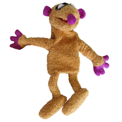 Heunec Handpuppe Erdmaennchen Jan, beige Plueschfigur mit ausgebreiteten Armen und violetten Pfoten, Frontalansicht