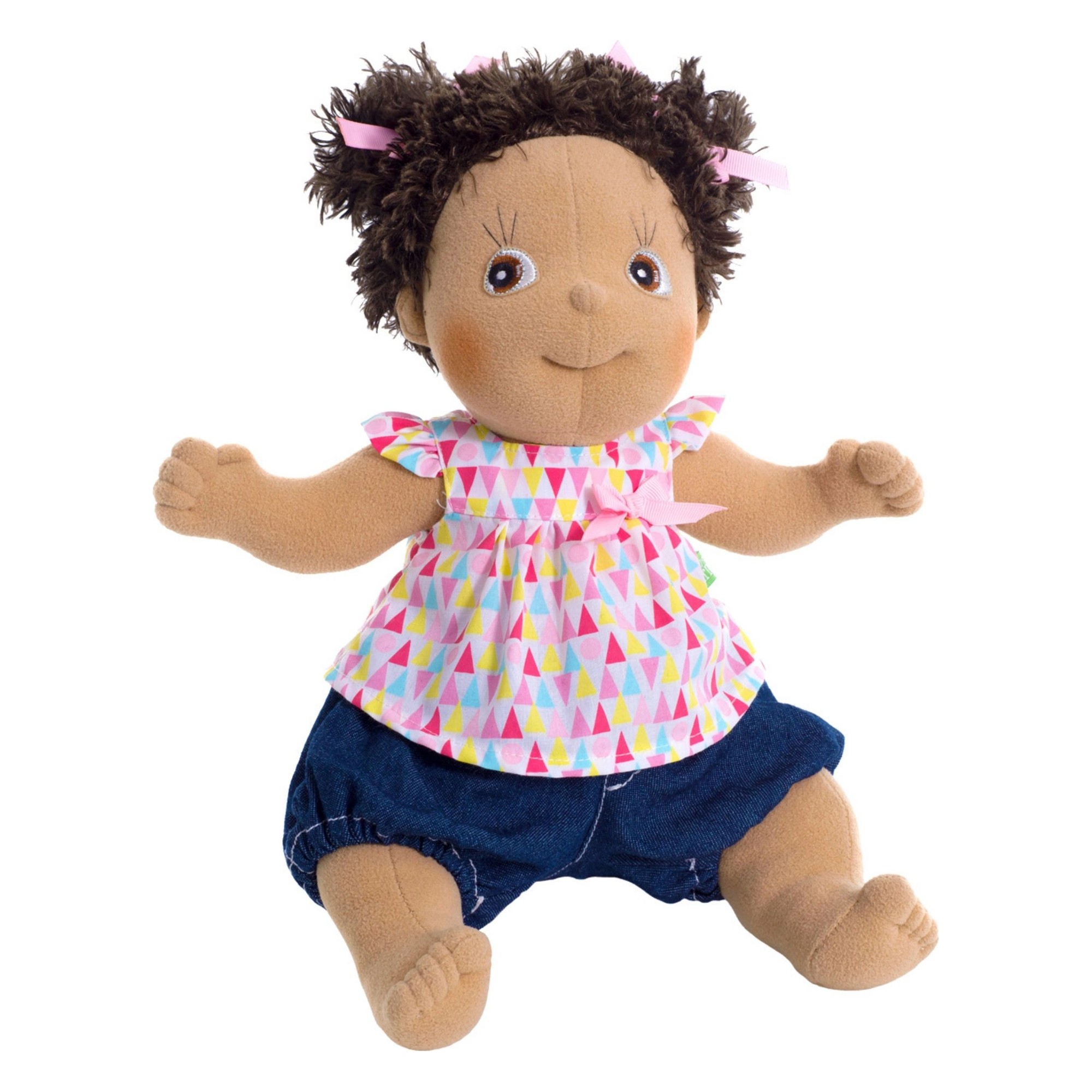 Rubens Kids Puppe Mimmi mit braunem Wuschelhaar, gemustertem Top und Jeans-Höschen