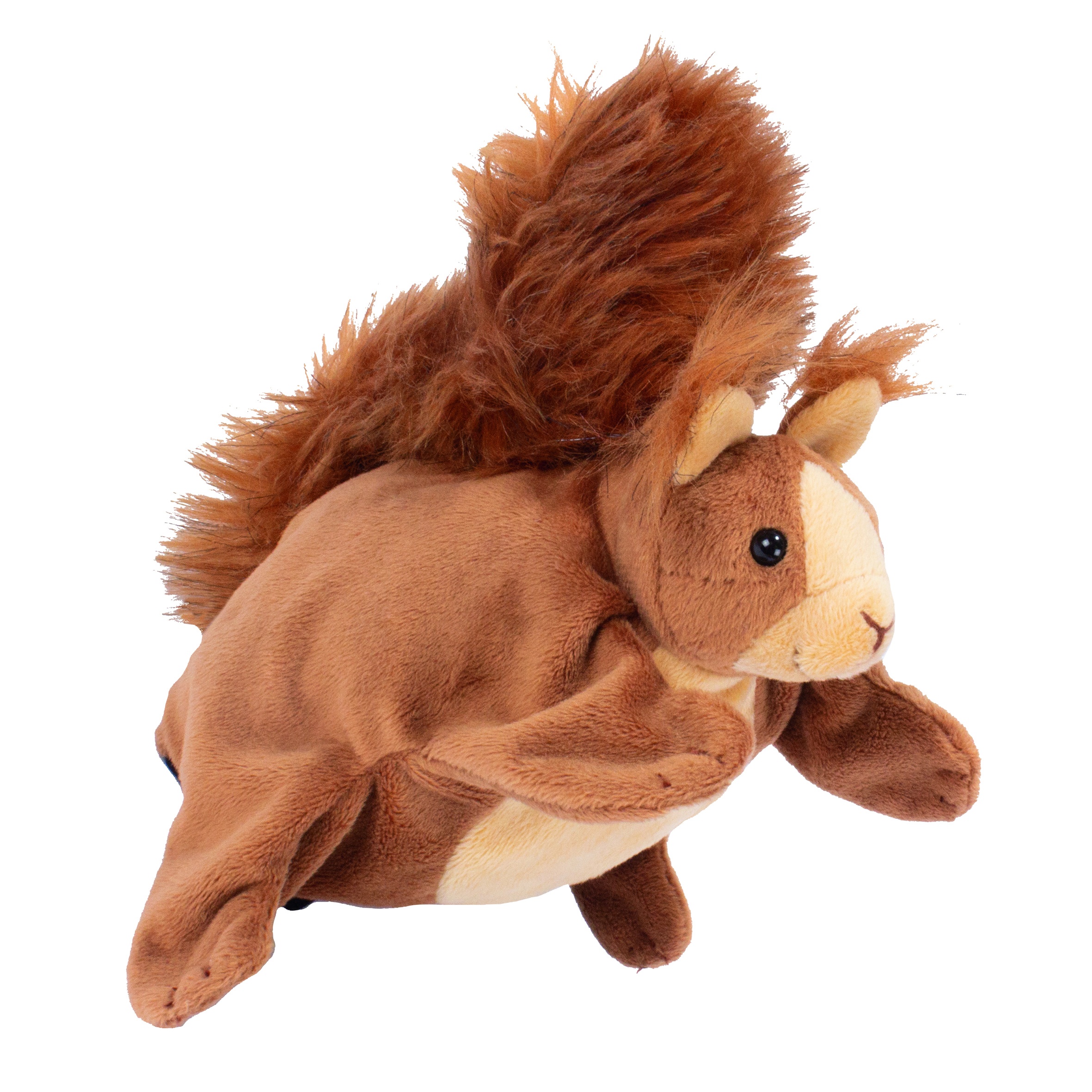 Beleduc Handpuppe Eichhörnchen mit rotbraunem Fell und buschigem Schwanz, kriechende Haltung