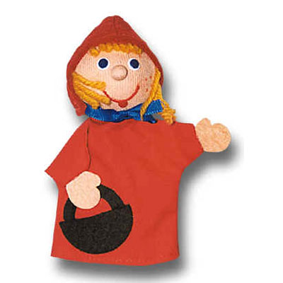 Fingerpuppe Rotkäppchen von munabo mit roter Kappe, blonden Zöpfen und Korb-Applikation