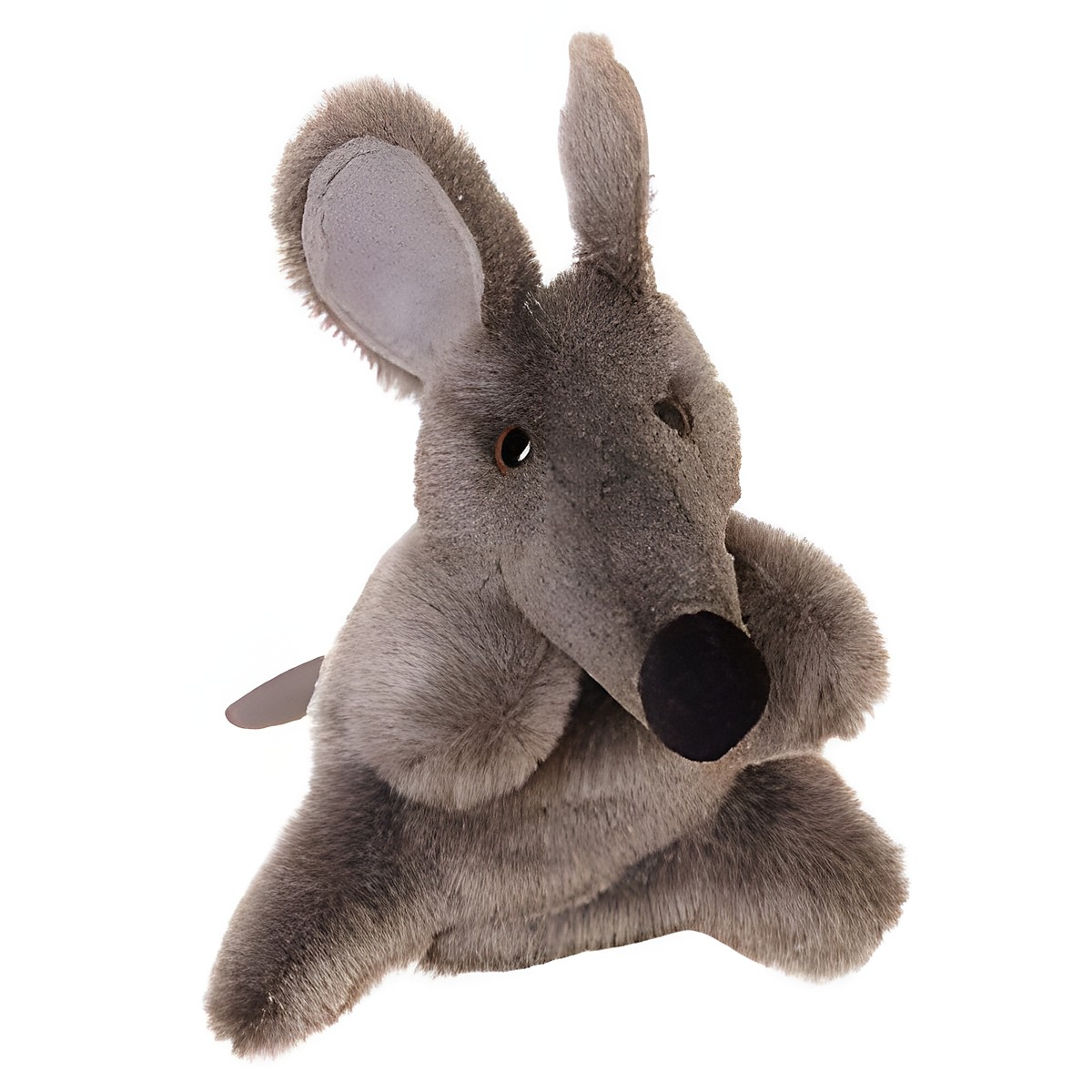 Living Puppets Handpuppe Vasco die Maus mit graubraunem Fell, großen Ohren, spitzer Schnauze und schwarzer Nase, sitzend
