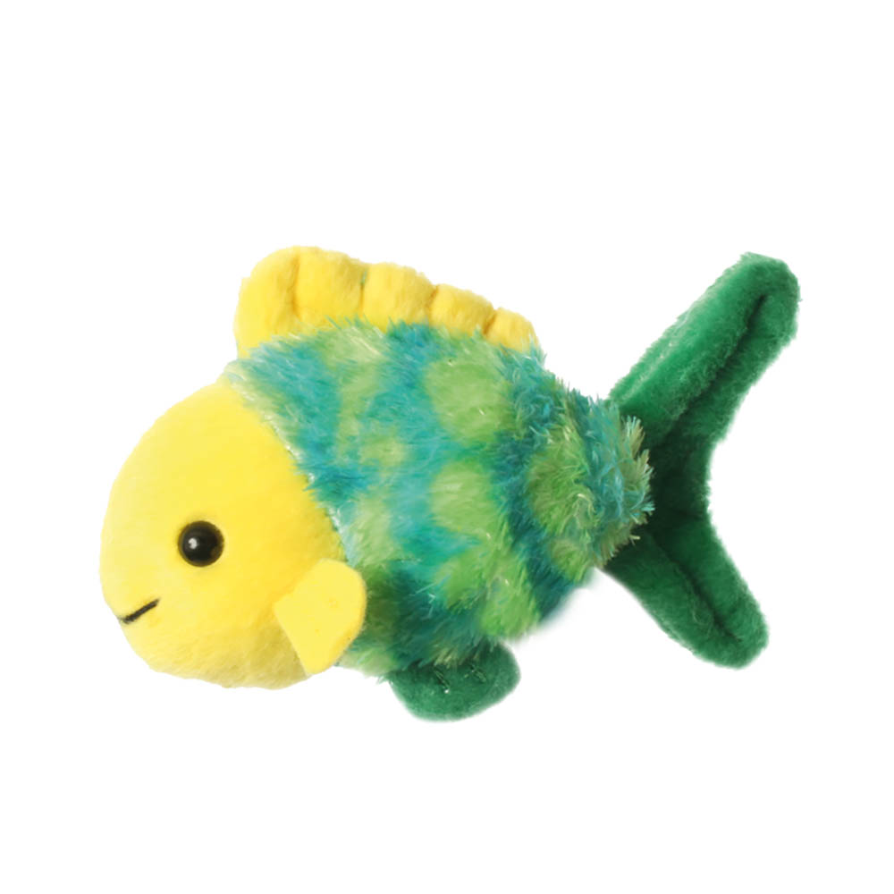 The Puppet Company finger puppet fish, yellow, green and blue shimmering finger puppet with a green tail fin