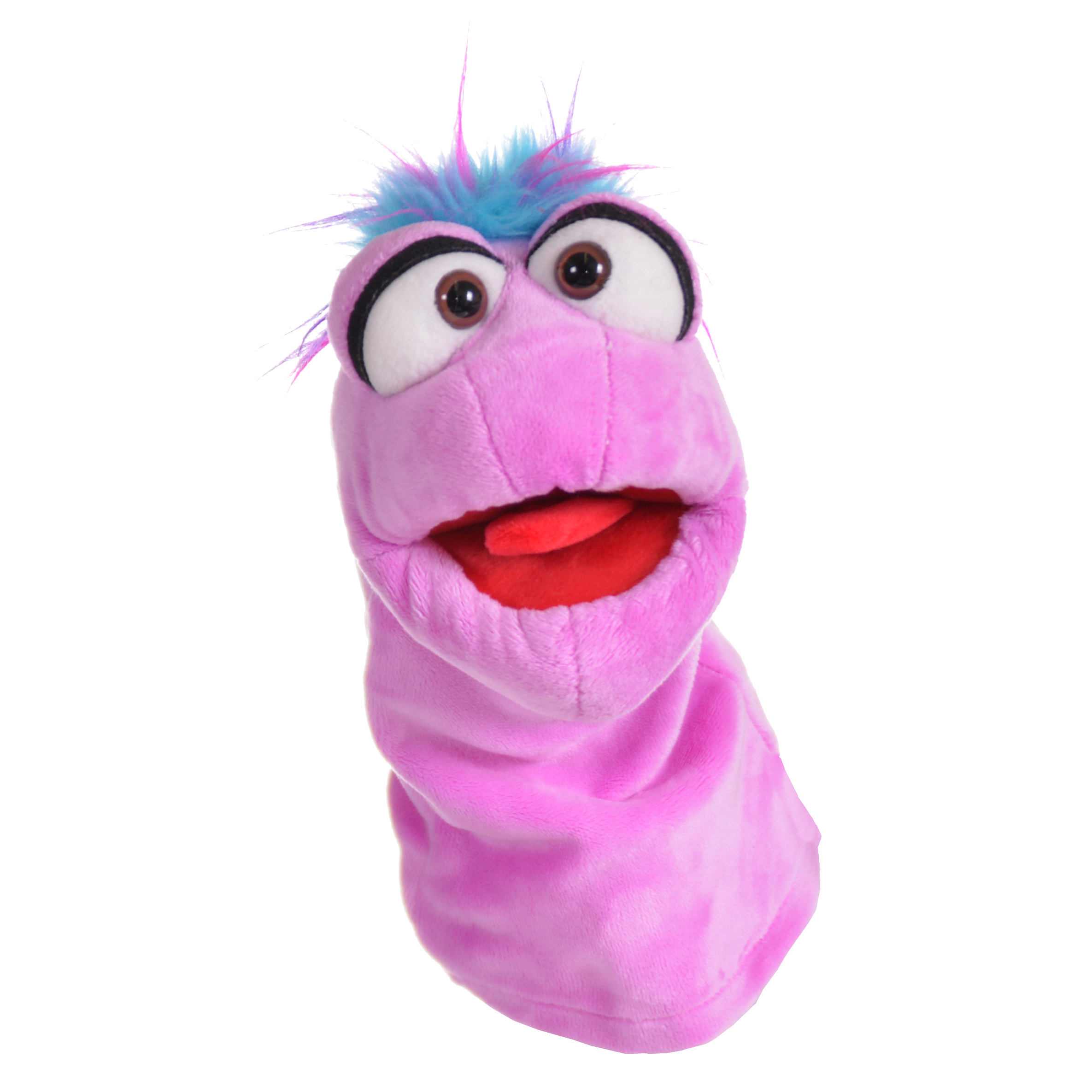 Living Puppets sock puppet Tüffelchen from the chatter worm family, pink with a blue and purple tuft of hair and an open red mouth, front view