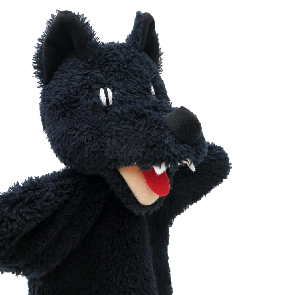 Kasperlepuppe Wolf in Schwarz von munabo mit Zottelfell, spitzen Zähnen und roter Zunge, Nahaufnahme