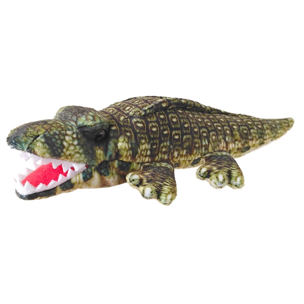 The Puppet Company Little Creatures Fingerpuppe Alligator, dunkelgrüne gemusterte Fingerpuppe mit geöffnetem Maul und weißen Zähnen