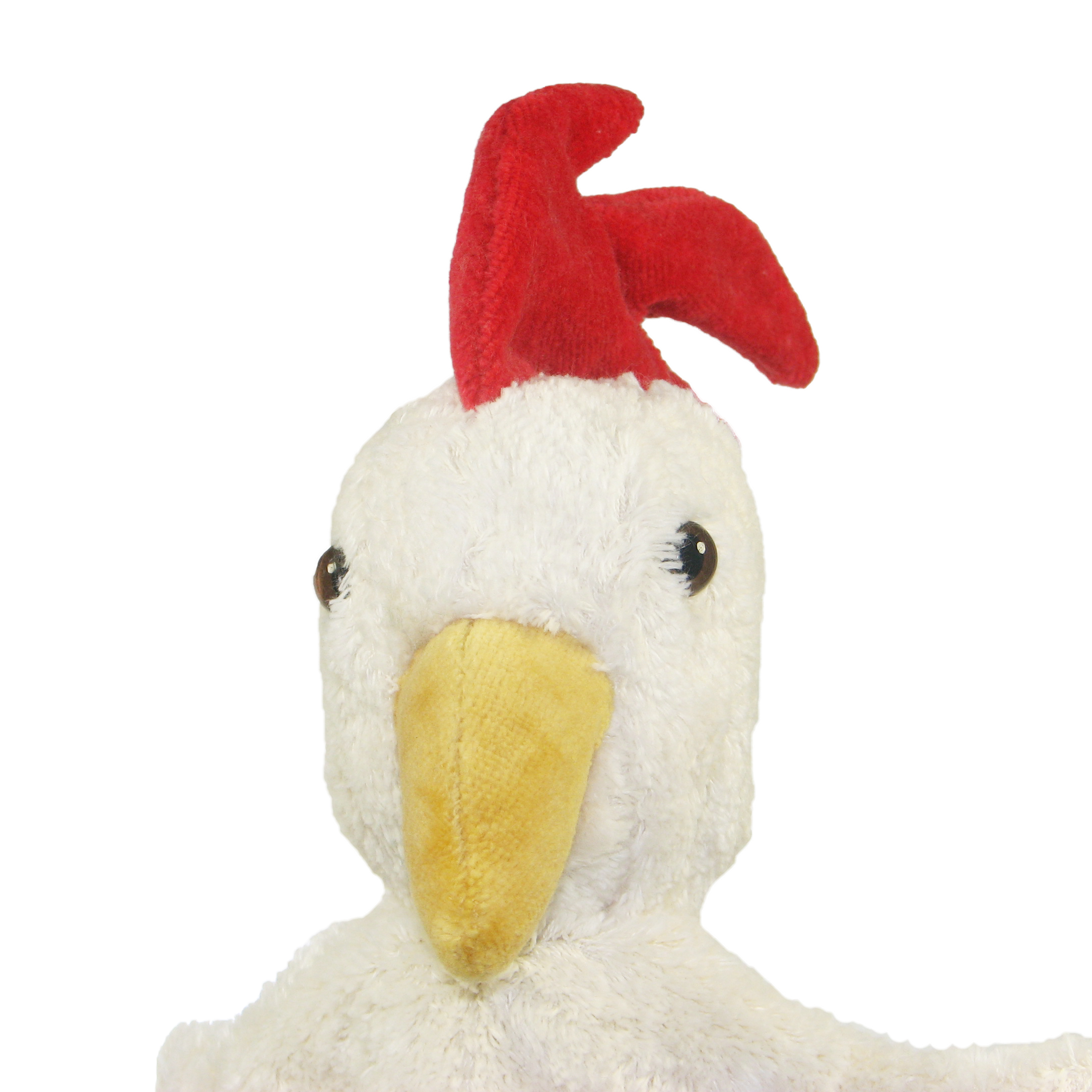 Kallisto Handpuppe Gockel, Kopfporträt mit rotem Kamm, gelbem Schnabel und cremeweißem Gefieder