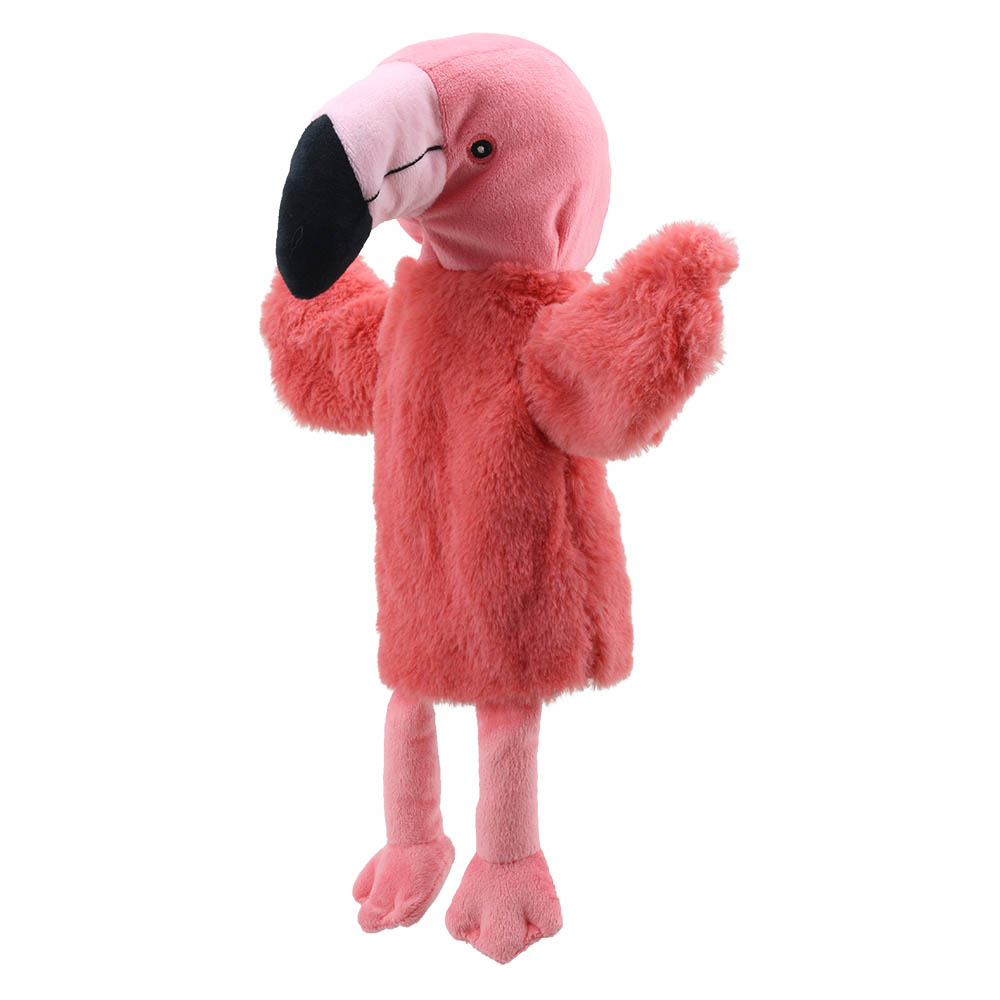 The Puppet Company Baby-Handpuppe Flamingo, Seitenansicht mit gesenktem Kopf und rosa Gefieder
