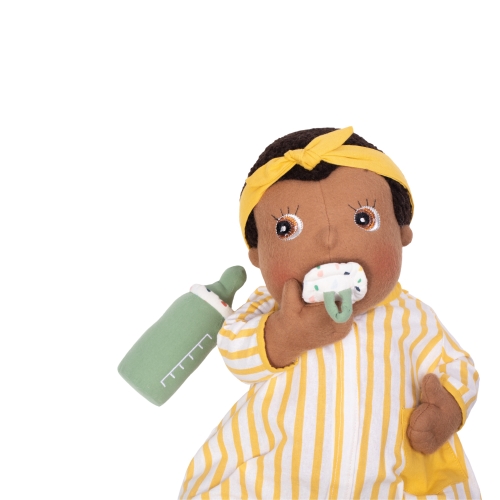 Rubens Barn baby doll with pacifier in its mouth and green fabric bottle