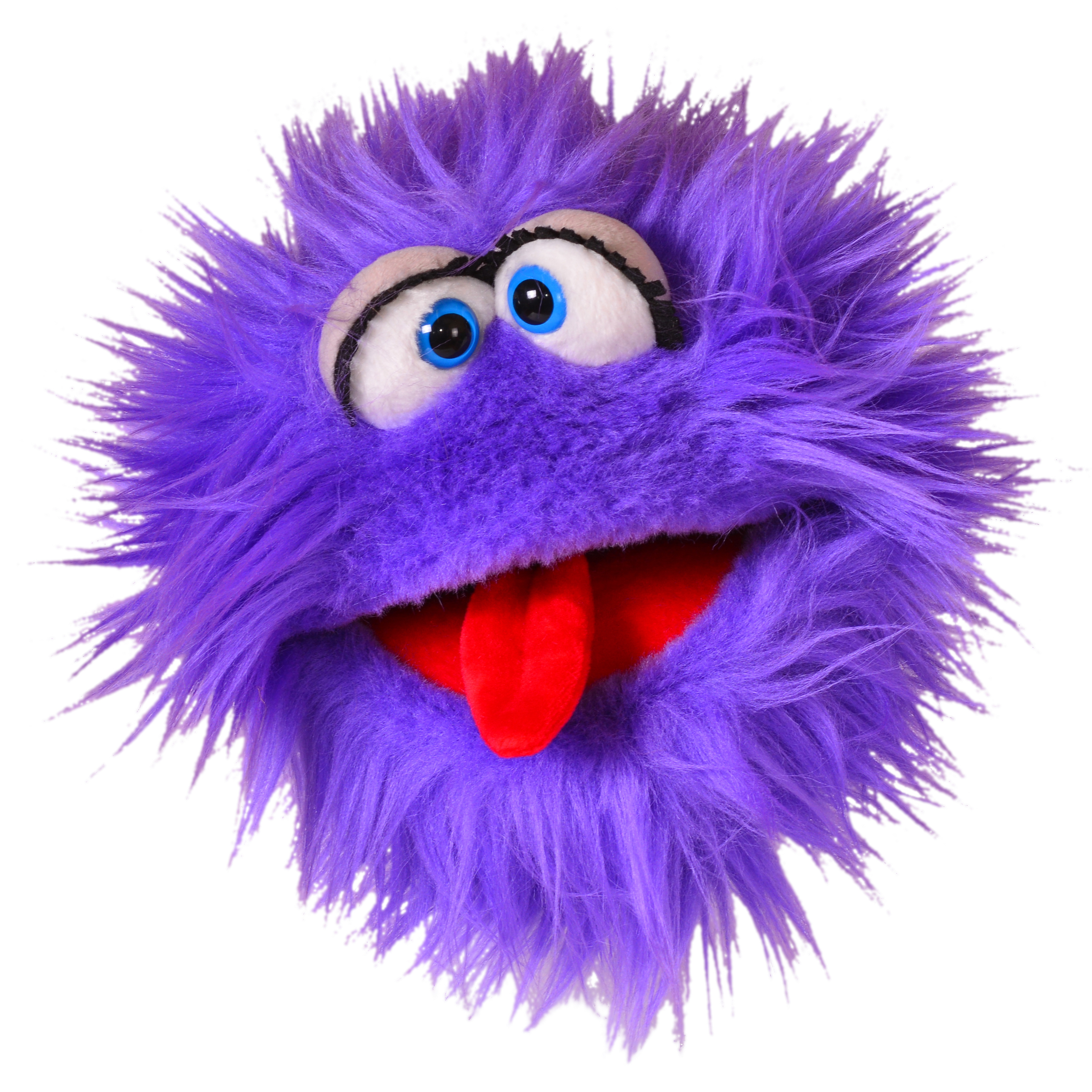 Living Puppets Handpuppe Flob in Lila: flauschige Kugel mit herausgestreckter roter Zunge