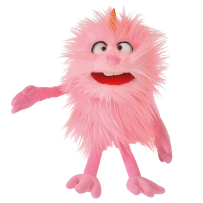Living Puppets Handpuppe Bonsche aus der Serie Monster to go: rosa Zottelmonster mit Ringelhorn