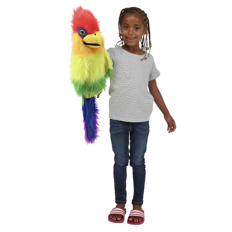 Girl holding the The Puppet Company rainbow bird hand puppet on her arm, usage example