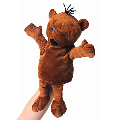 Heunec hand puppet Little Bear, brown plush puppet with blue eyes and black hair tuft, worn on a hand