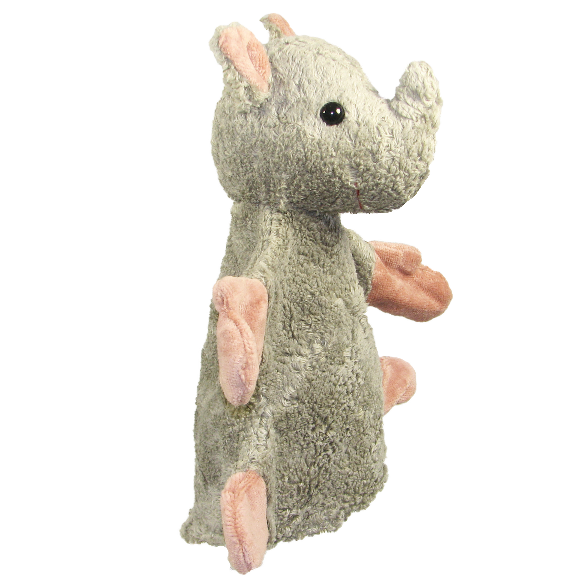 Kallisto Handpuppe Nashorn Seitenansicht, graugrüne Handpuppe aus Naturmaterial mit rosa Ohren und kleinem Horn