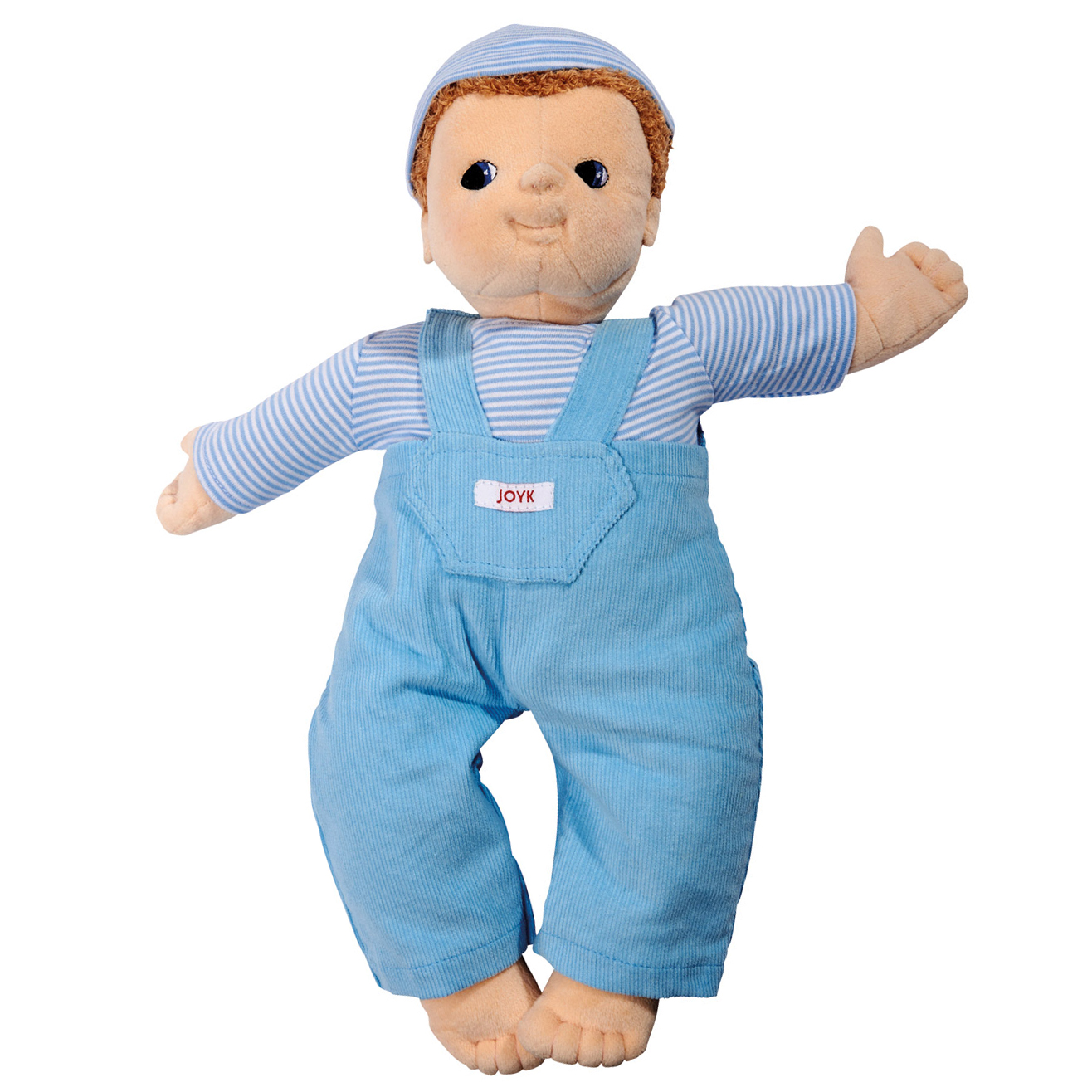 Joyk empathy doll Baby Jack with blue corduroy dungarees, striped shirt and little cap